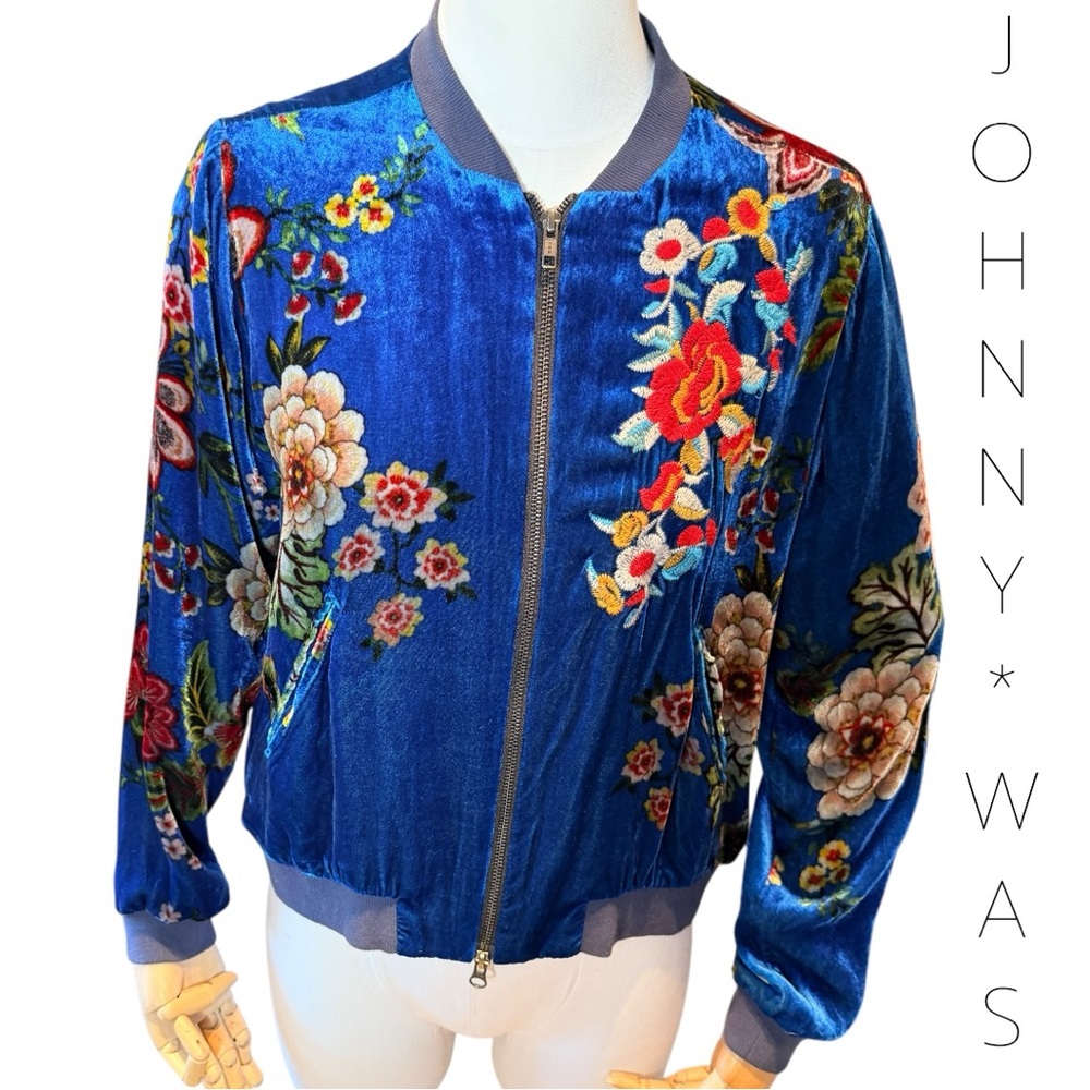 Johnny WAS Vivian Blue Velvet Floral Bomber Jacket (Sz SM) (EUC)